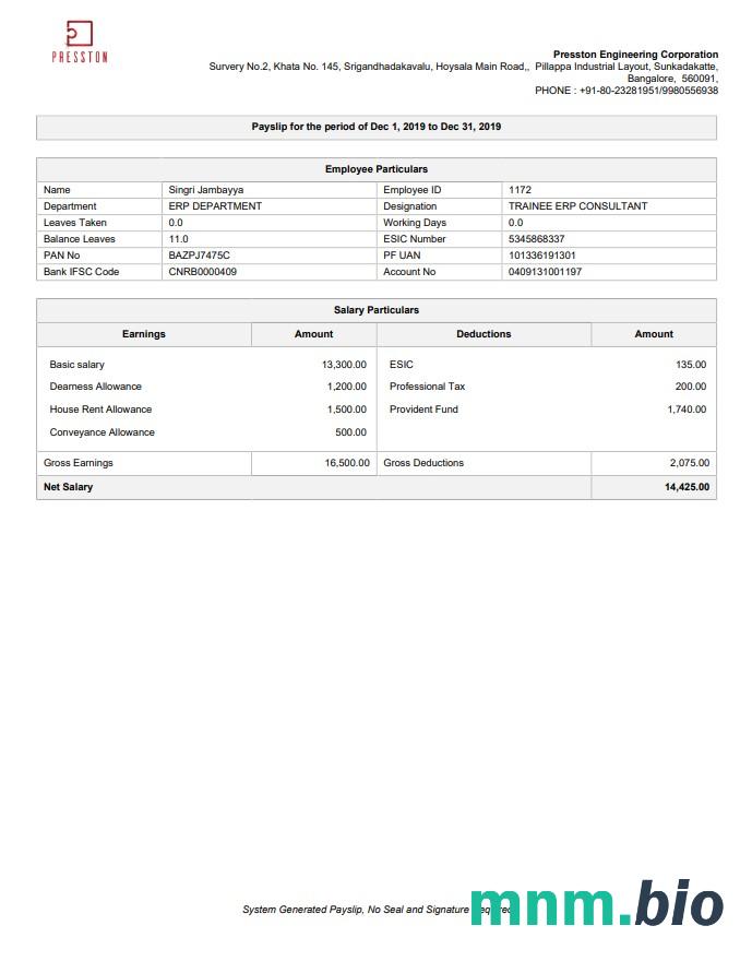 Presston Engineering Corporation pay stub w formacie PDF i Word
